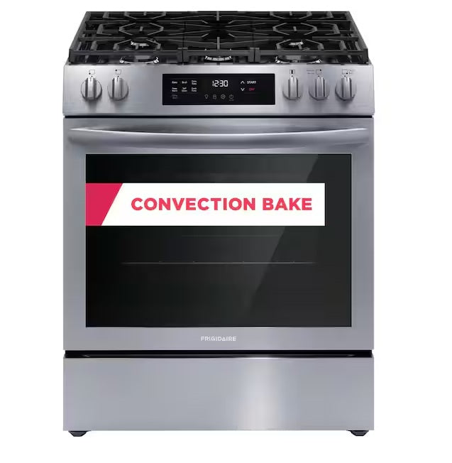New - Frigidaire 30 in. 5 Burners Slide-In Front Control Self-Cleaning Gas Range with Convection in Stainless Steel