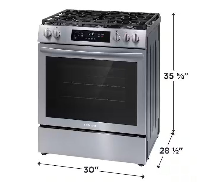 New - Frigidaire 30 in. 5 Burners Slide-In Front Control Self-Cleaning Gas Range with Convection in Stainless Steel
