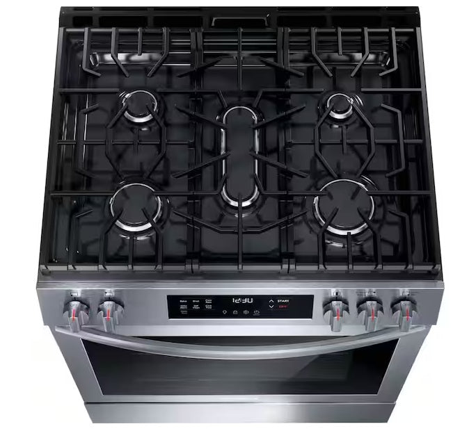 New - Frigidaire 30 in. 5 Burners Slide-In Front Control Self-Cleaning Gas Range with Convection in Stainless Steel